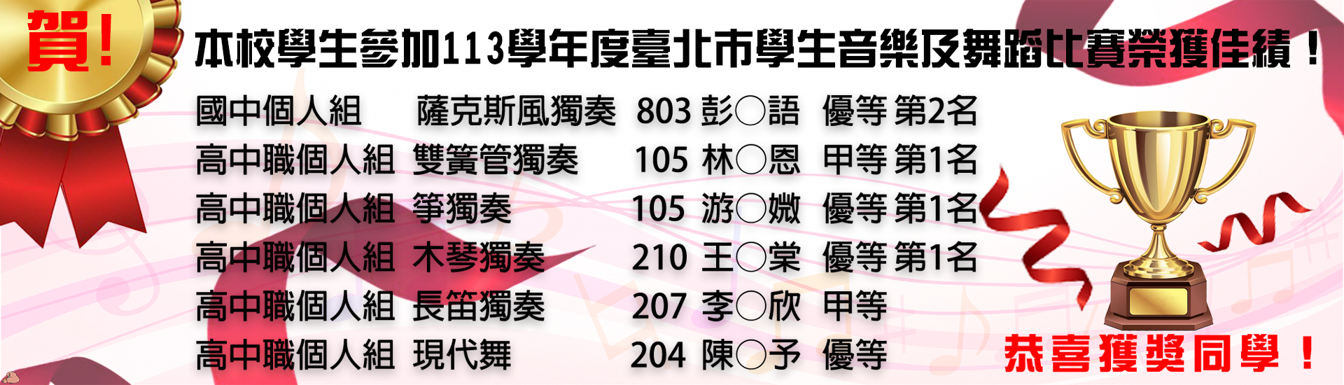 113學年音樂及舞蹈比賽榮獲佳績