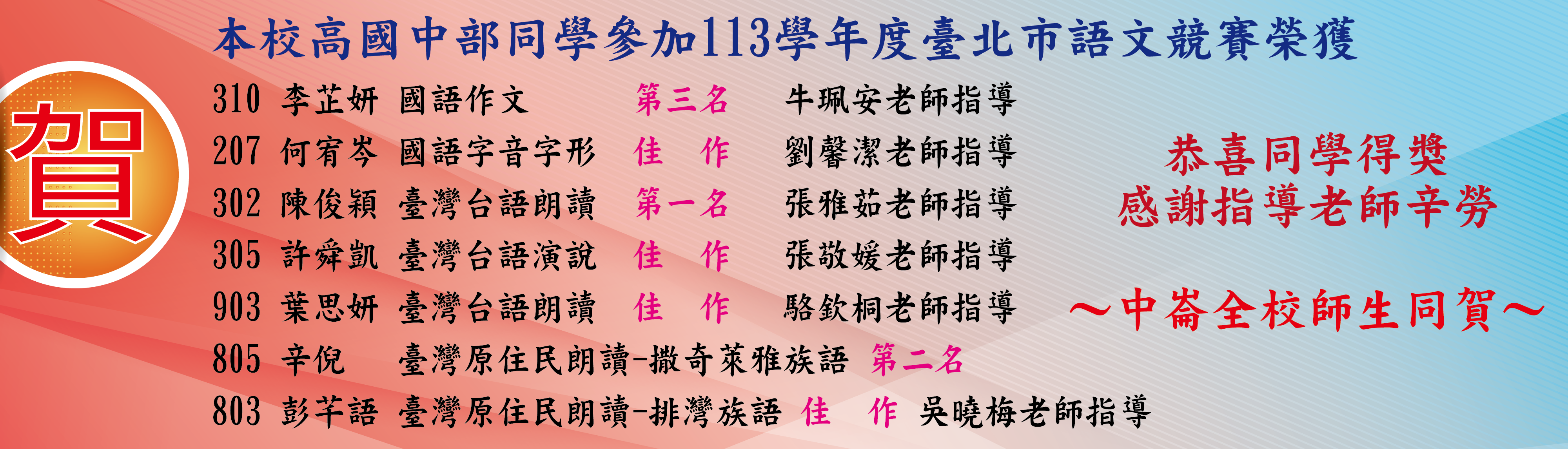 113年臺北市語文競賽得獎公告