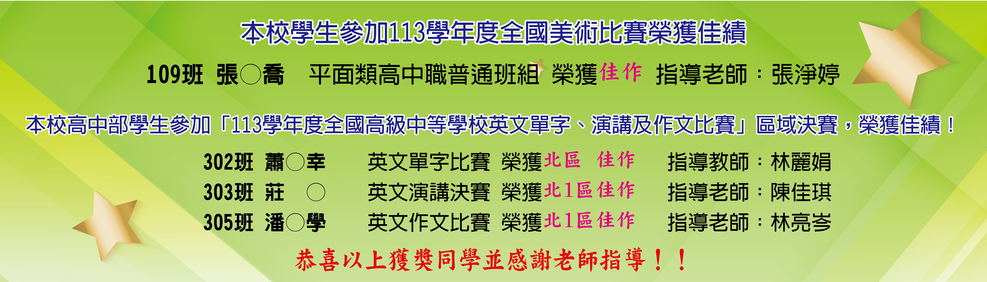 全國美術比賽暨英文競賽獲獎名單公告